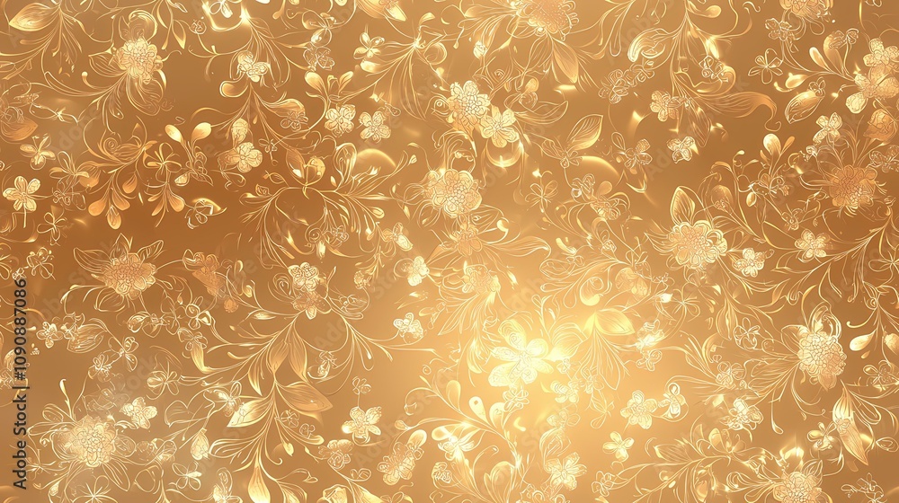 Poster the image contains a golden floral pattern on a tan background. the design features intricate, styli
