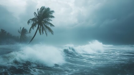A scene of heavy rain and strong winds bending palm trees, depicting a tropical storm or hurricane.