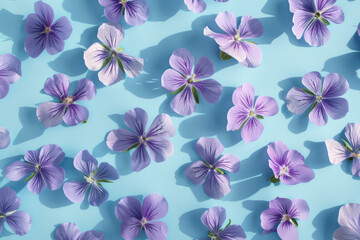 Fototapeta premium Beautiful purple flowers arranged on a light blue background