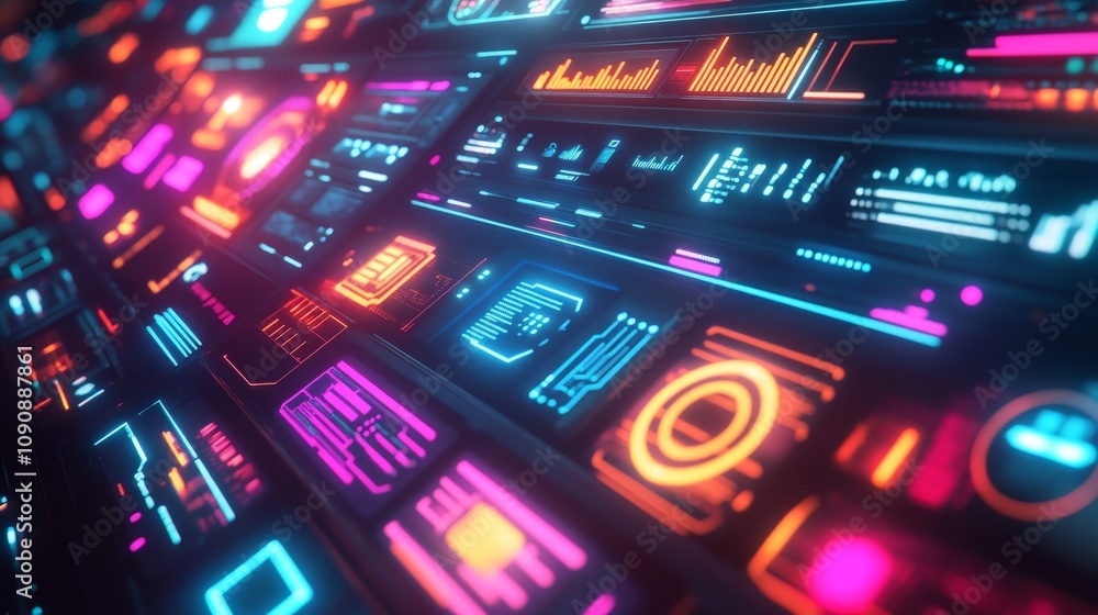 Poster a hyper-realistic digital interface, showing personalized media options suggested by ai, glowing pan