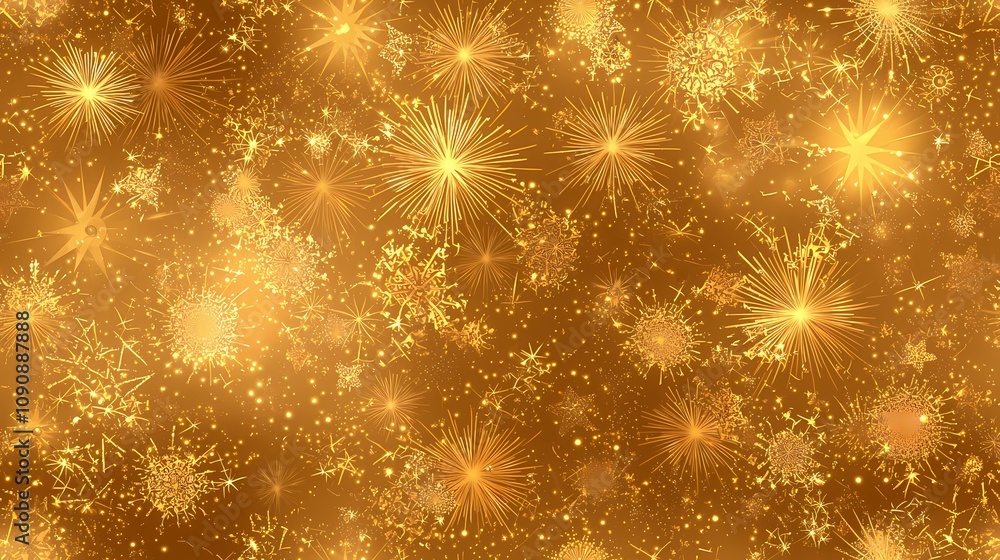 Poster the image contains a golden background filled with numerous sparkling fireworks and starburst shapes