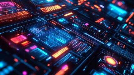 Obraz premium A hyper-realistic digital interface, showing personalized media options suggested by AI, glowing panels with vibrant neon highlights representing different interests.
