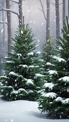 Fototapeta premium snow on green Christmas trees in the forest, Christmas, winter background