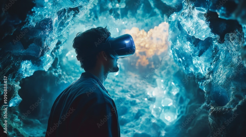 Poster a man in vr exploring the depths of an ancient virtual cave, with glowing crystal structures and hid