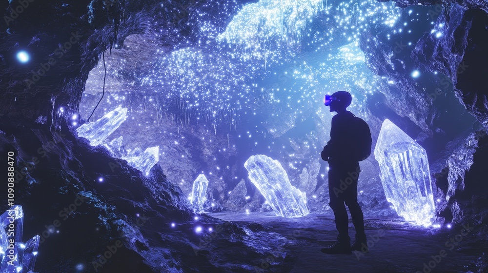 Poster a man in vr exploring the depths of an ancient virtual cave, with glowing crystal structures and hid