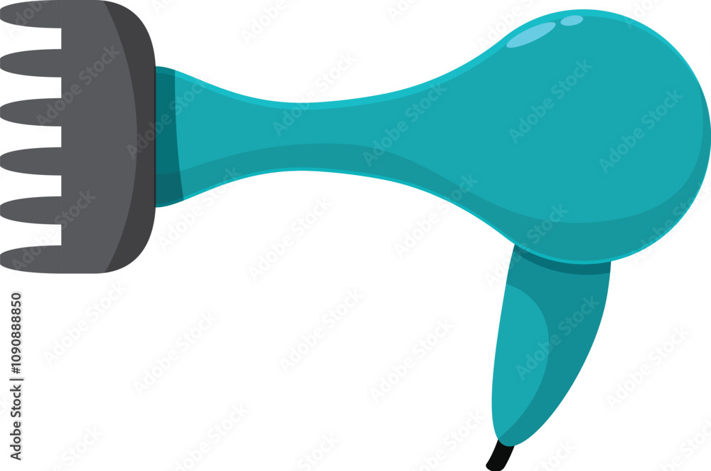 Poster turquoise hair dryer with diffuser attachment blowing hot air, perfect for creating volume and defin