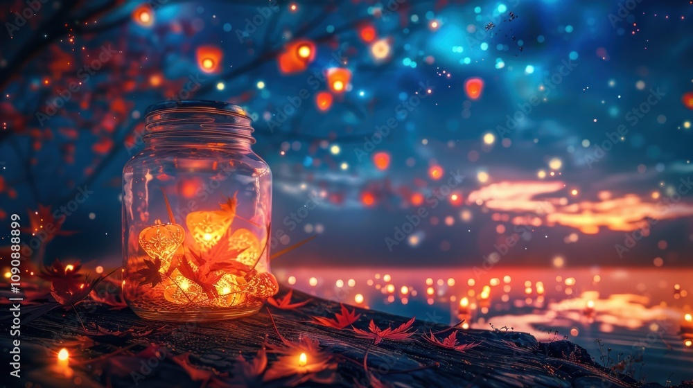 Poster a glass jar filled with glowing lights sits on a tree stump with a background of floating lanterns a