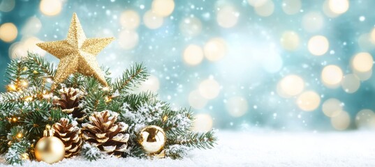 Obraz premium Christmas Still Life, Fir Branch With Cones And Star On Snowy Surface With Lights At Background