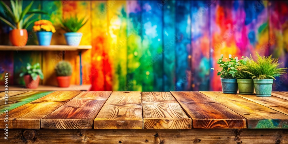 Poster panoramic view of a wooden tabletop shelf with abstract background for display, perfect for product 