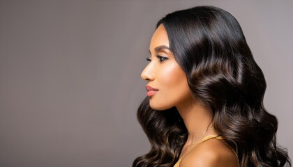 Fototapeta premium Beautiful woman in profile with long and shiny wavy hair . Beauty model girl with curly hairstyle
