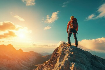 Fototapeta premium Adventurer gazing at a breathtaking sunset over mountain peaks during a hiking expedition