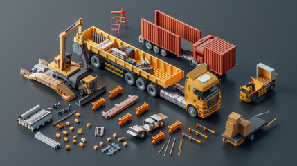 Fototapeta premium Construction vehicles and equipment arranged in detailed layout, showcasing truck, containers, and various tools. This vibrant scene highlights industrial elements and machinery