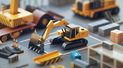 Fototapeta premium Miniature construction site with yellow excavator, tools, and materials