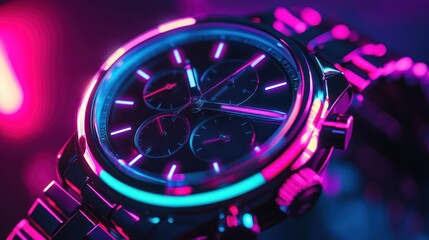 Closeup of a luxury watch under neon lights