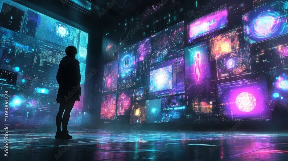 Poster a person standing in front of a digital screen showing personalized ai-generated entertainment optio