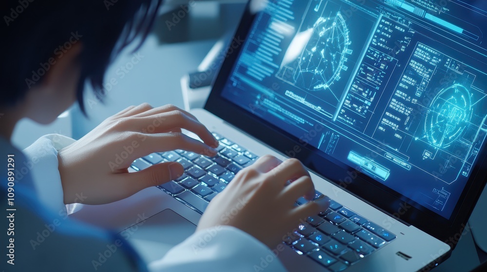 Aufkleber a person typing on a laptop displaying futuristic data and graphics.