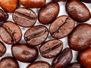 Close-up of coffee beans or  macro of roasted coffee bean background, Top view