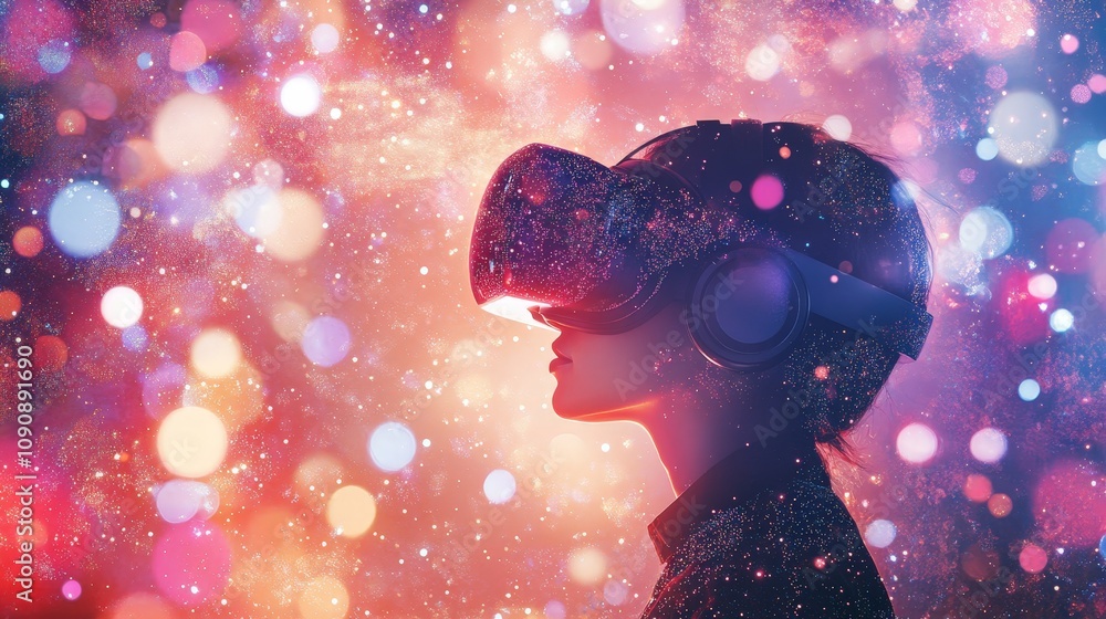 Poster a person wearing vr goggles surrounded by abstract glowing particles, representing data flow and dig