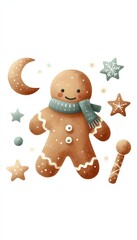 Watercolor illustration of gingerbread man cookies decor
