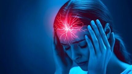 a woman experiencing intense discomfort, likely a headache or migraine, as she holds her hands to her temples. Her face is tense, eyes closed