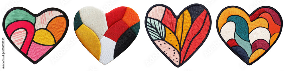 Poster set of four hearts with different colors and patterns isolated on transparent or white background, p