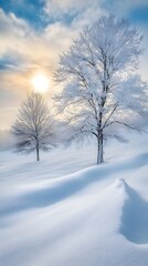 Fototapeta premium A serene winter landscape featuring two frosted trees under a bright sun, surrounded by smooth, untouched snow.