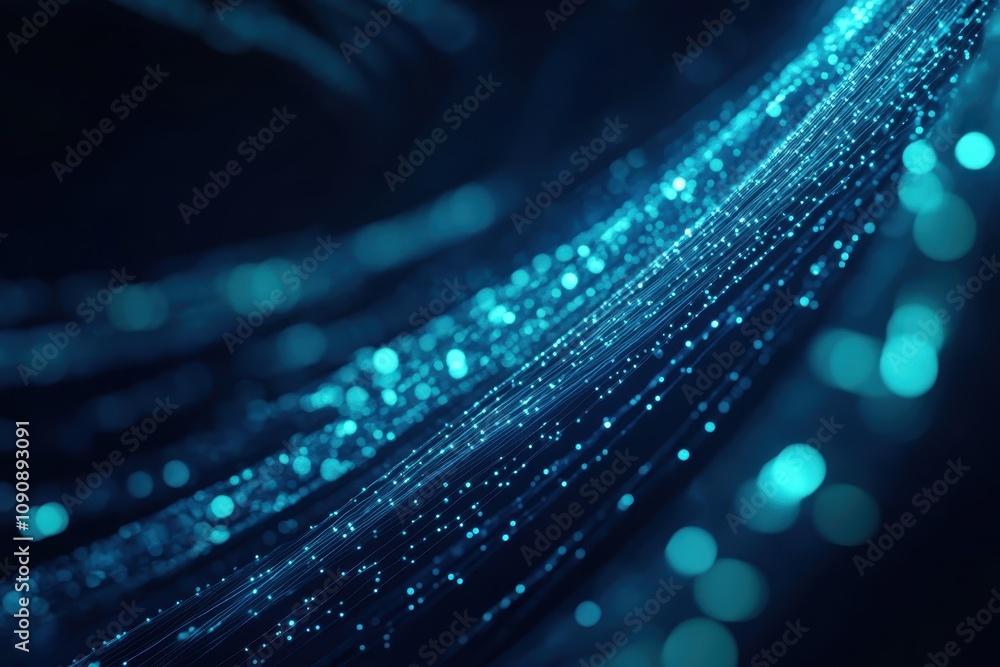 Poster abstract digital background with glowing particles and lines in a blue color scheme.