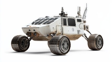 A space exploration rover designed for traversing alien terrains, isolated on a white background