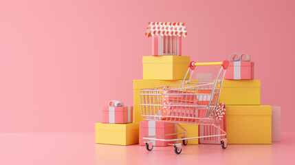 Fototapeta premium Colorful shopping scene with cart and gift boxes on pink background. Perfect for holiday promotions and retail themes