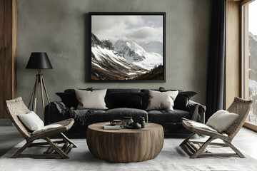 Photo Realistic Interior Design Living Room with Mountain View Artwork