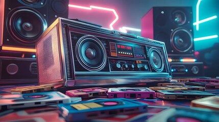 A nostalgic scene featuring a vintage boombox surrounded by cassette tapes, bathed in vibrant neon lights