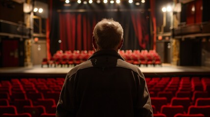 Obraz premium An elderly man in a theater with red seats, focused on an empty stage with bright spotlights. The well-maintained venue exudes a peaceful, inviting atmosphere.