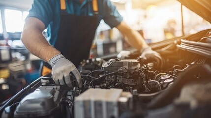 Obraz premium Auto mechanic is working on car engine in mechanic shop. A mechanic in uniform is working on a car service. Work in repair shops and maintenance services.