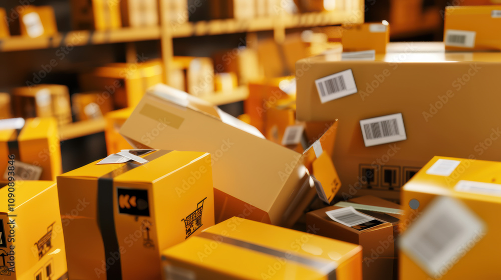 Poster packed boxes in warehouse create busy and organized atmosphere, showcasing various sizes and shapes 
