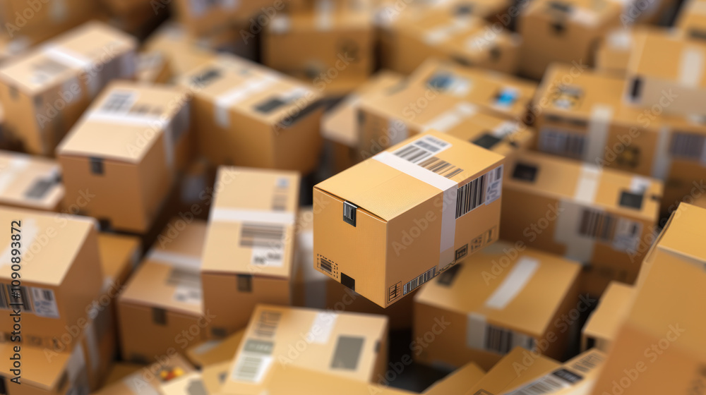 Poster large collection of cardboard boxes stacked together, showcasing various sizes and labels, creating 