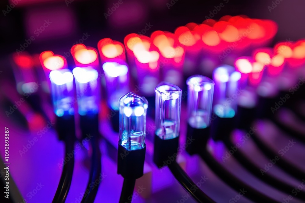 Poster a close-up of colorful led lights connected by cables, creating a vibrant lighting display.