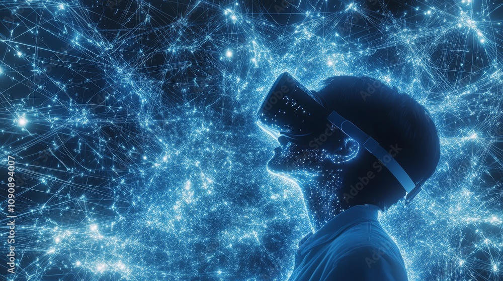 Poster a user wearing a vr headset, seemingly suspended in a digital environment of glowing blue networks a