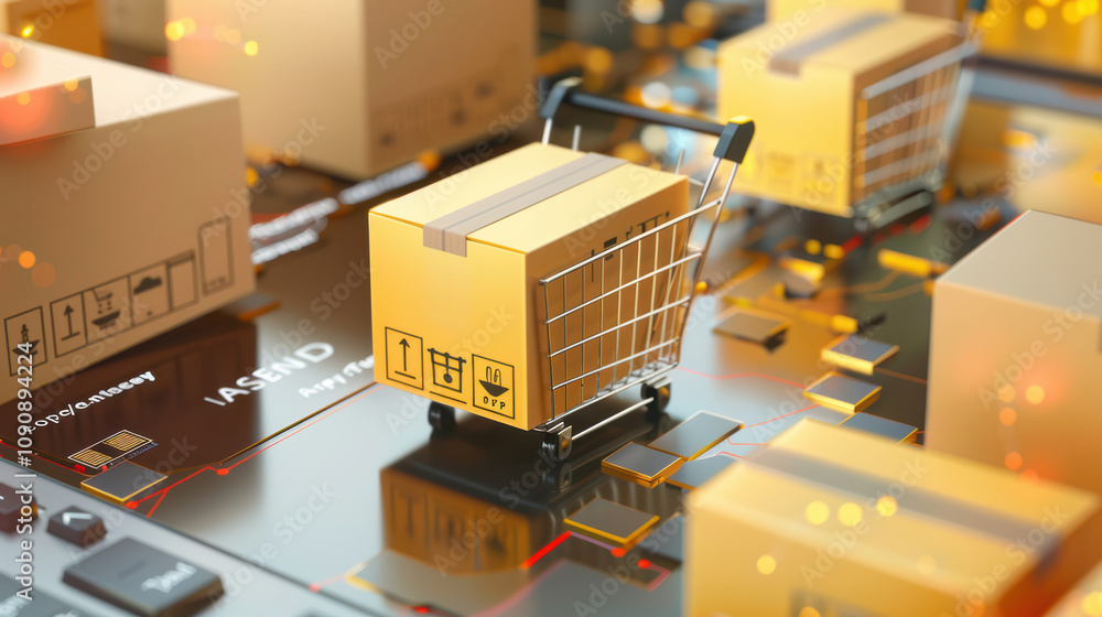 Poster digital shopping cart with boxes on circuit board, symbolizing e commerce. scene conveys modern onli