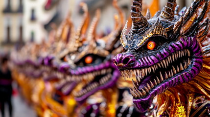 Close-up of decorated floats and dancers at a local Carnival celebration, joyful and festive