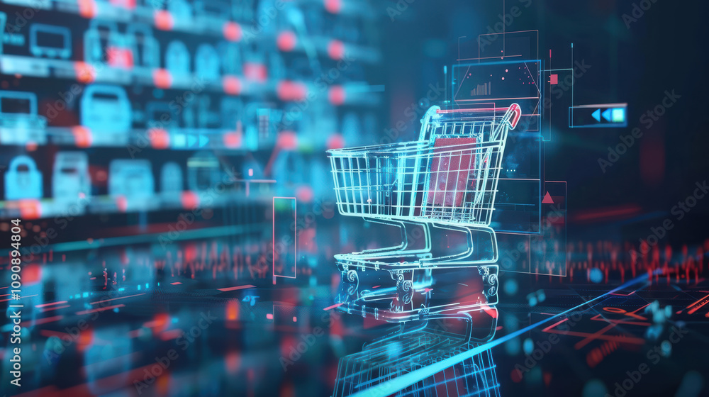 Poster digital shopping cart surrounded by glowing data elements, symbolizing online shopping and e commerc