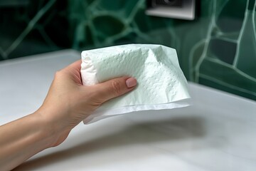 Crumpled paper towel held in hand during cleaning activity in a modern kitchen. Generative AI