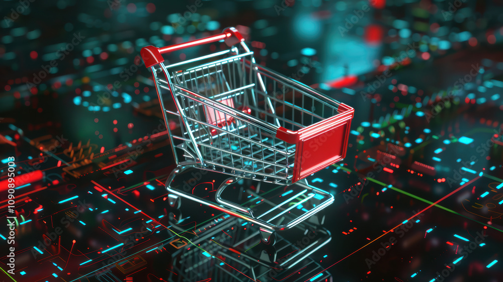 Poster digital shopping cart on futuristic, illuminated background symbolizes online shopping and technolog