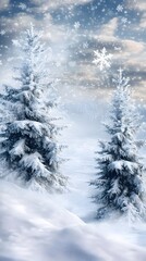 Fototapeta premium A serene winter landscape featuring snow-covered pine trees under a cloudy sky, with gentle snowfall creating a peaceful atmosphere.