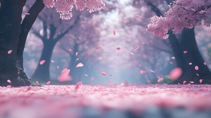 A serene and enchanting scene of a cherry blossom tunnel, with delicate pink petals falling like snow and casting a soft, ethereal glow.