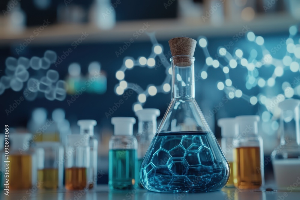 Poster a science laboratory with colorful liquids in glassware on a table during a research project