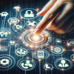 The image shows a hand reaching out towards a series of icons on a grid, symbolizing services related to technology, customer support, and global connectivity.