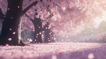 A serene and enchanting scene of a cherry blossom tunnel, with delicate pink petals falling like snow and casting a soft, ethereal glow.
