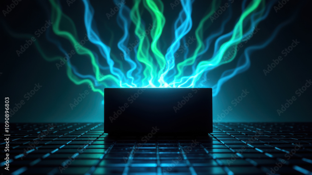 Poster a dynamic ai data visualization with blue energy bursts over a dark grid background.