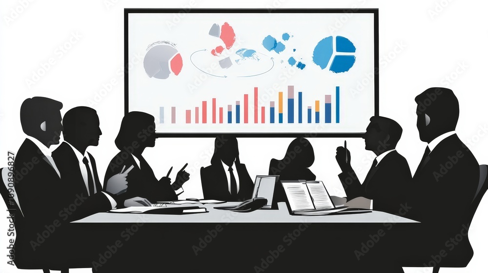 Poster a board meeting in progress with charts on the screen and executives taking notes