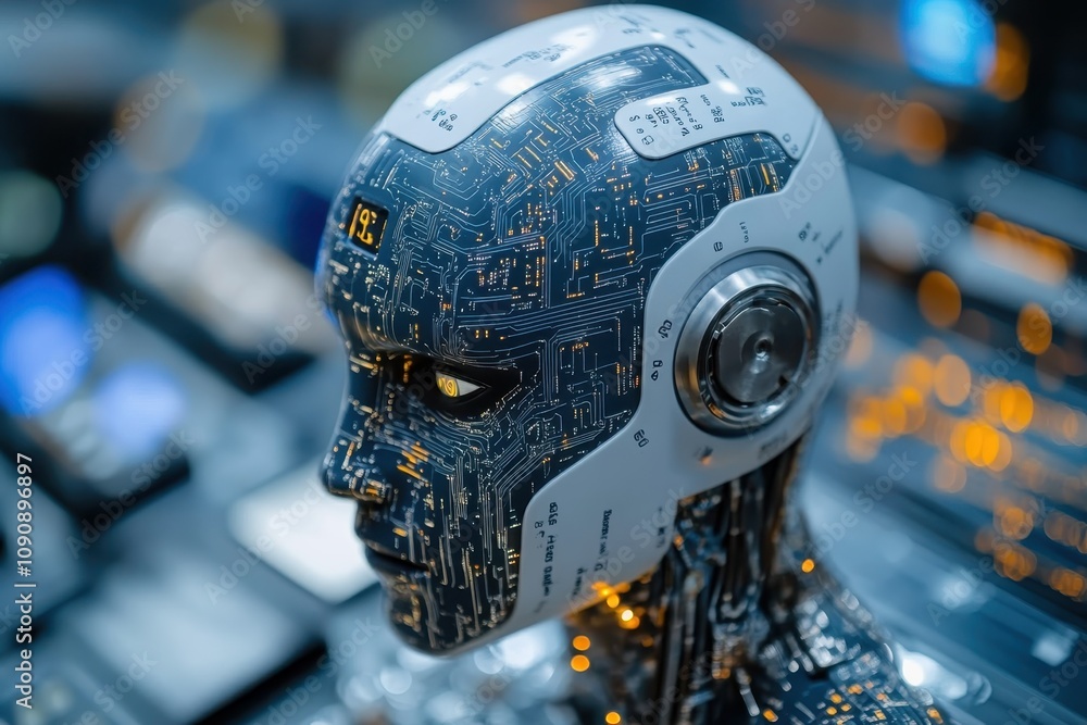 Poster advanced humanoid robot head with intricate circuitry displayed in a futuristic environment